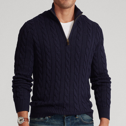 Herren Strickpullover Viertelzip Zopfmuster Grau