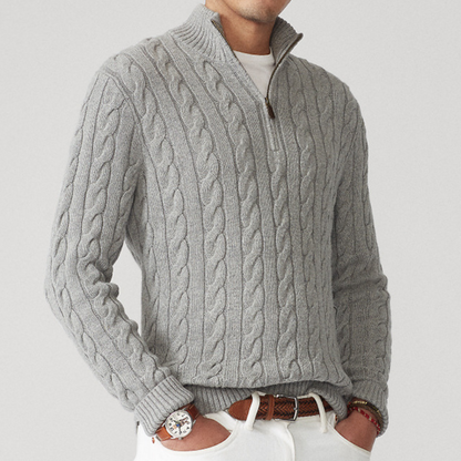 Herren Strickpullover Viertelzip Zopfmuster Grau
