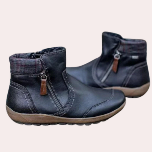 Damen Stiefeletten Echtes Leder Runde Zehe Schwarz - Eveloria