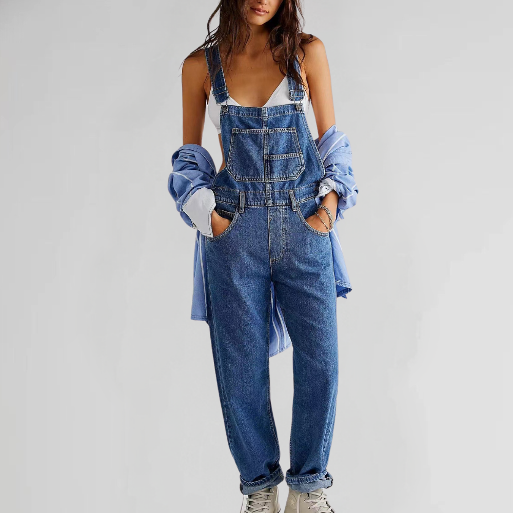 Damen Latzhose Denim Cross-Back Blau