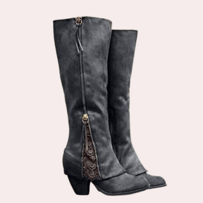 Desnia Damen Stiefel Western Look Blockabsatz Reißverschluss