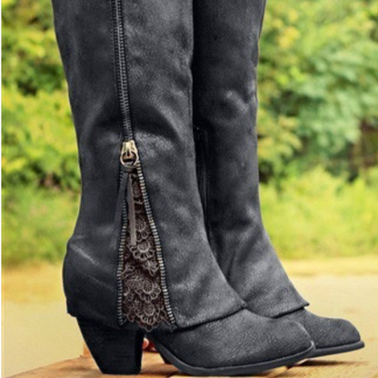 Desnia Damen Stiefel Western Look Blockabsatz Reißverschluss