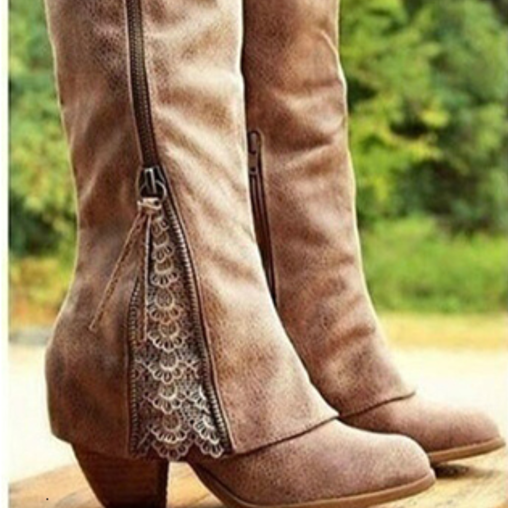 Knielange Stiefel Damen Kunstsuede Blockabsatz Rund - Eveloria