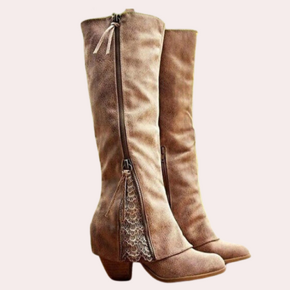 Desnia Damen Stiefel Western Look Blockabsatz Reißverschluss