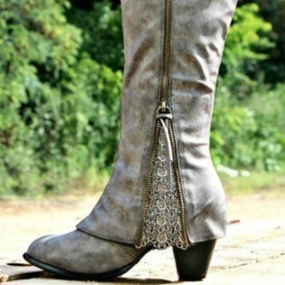 Knielange Stiefel Damen Kunstsuede Blockabsatz Rund