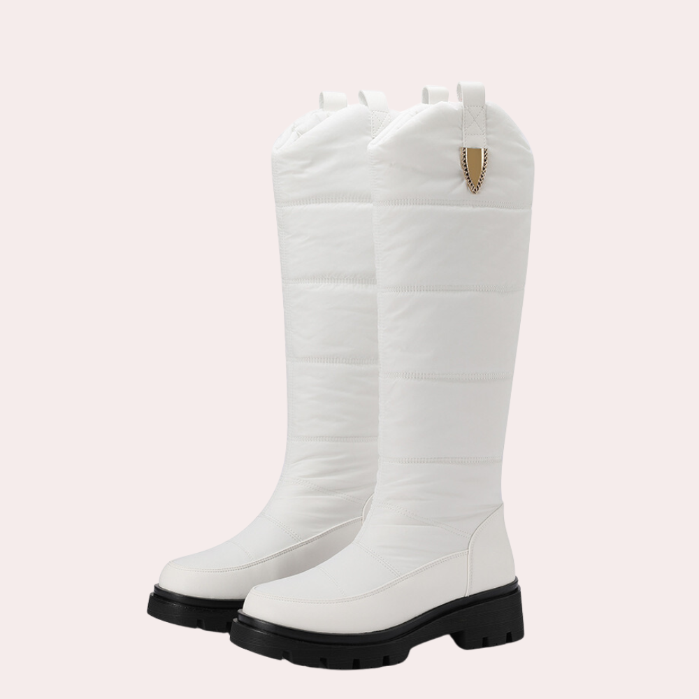 Damen Kniehohe Stiefel Glatter Schnitt Poliert Quilted Schaft Robust