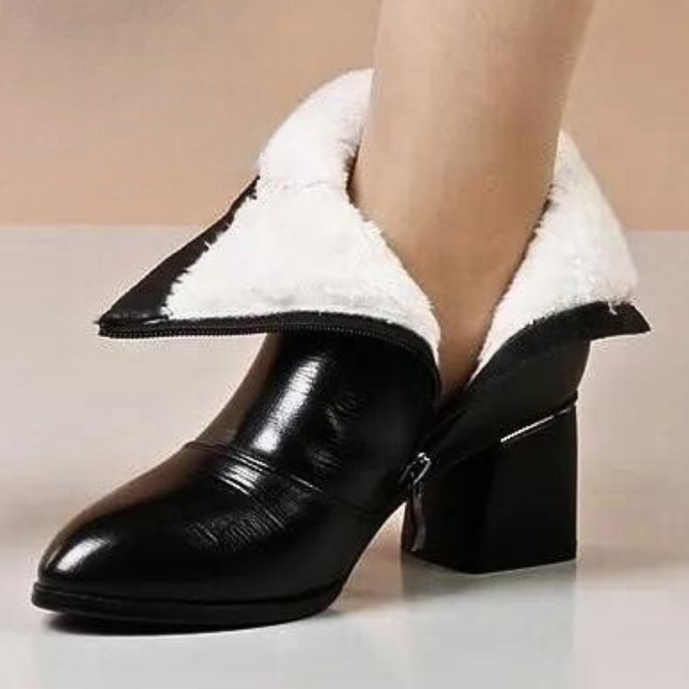 Eveloria Damen Stiefeletten Strukturiertes Leder Blockabsatz Schwarz - Eveloria