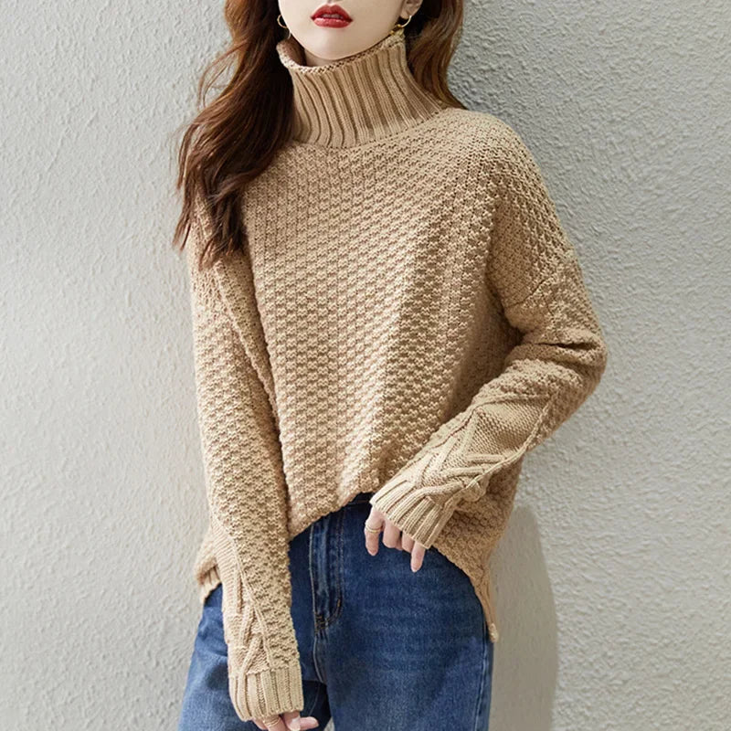 Damen Grobstrickpullover High-Neck Pullover