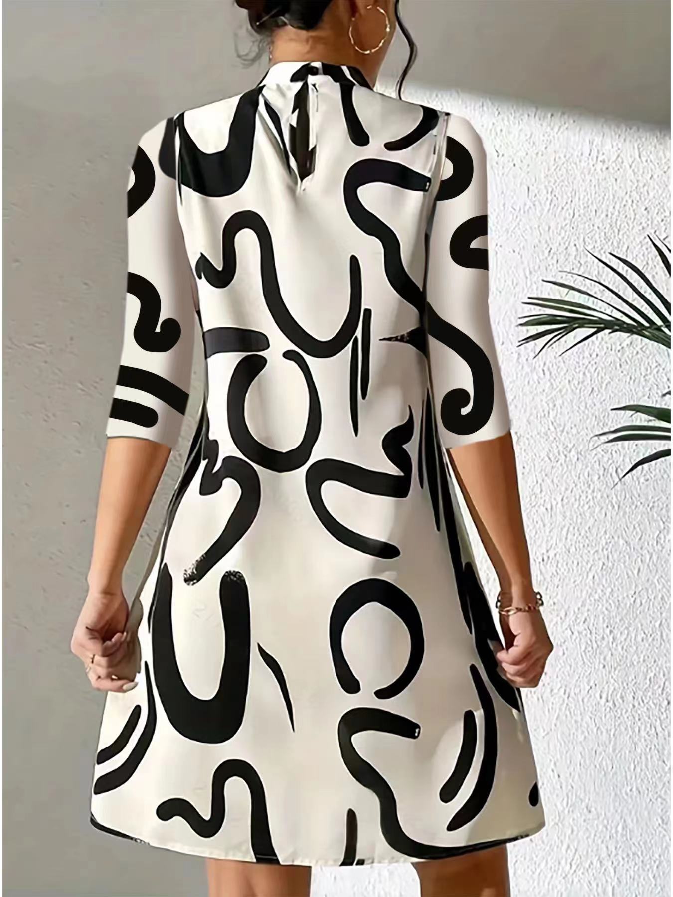 Damen Stehkragenkleid Lässig 3/4 Ärmel Locker Sitzend