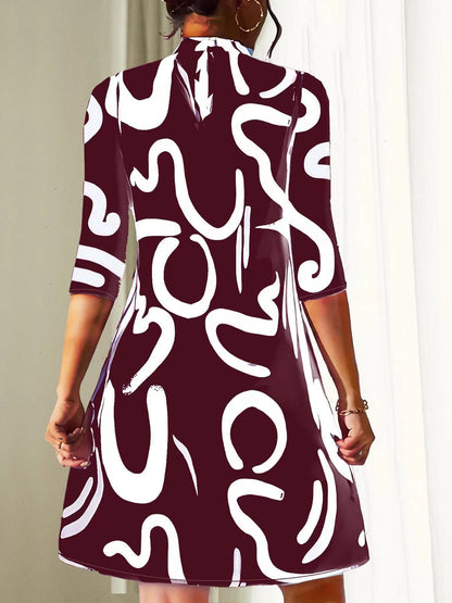 Damen Stehkragenkleid Lässig 3/4 Ärmel Locker Sitzend