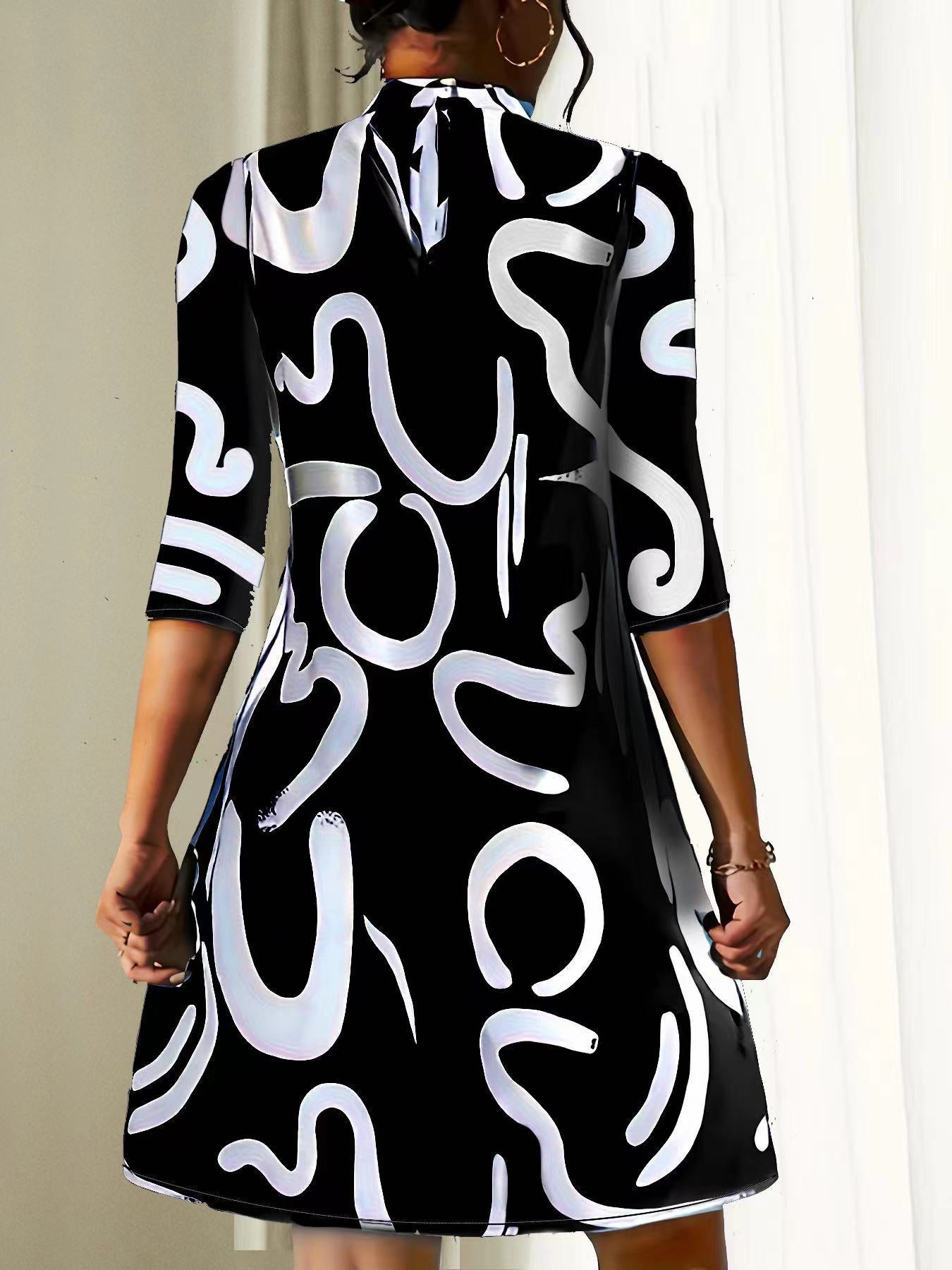Damen Stehkragenkleid Lässig 3/4 Ärmel Locker Sitzend