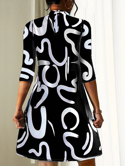 Damen Stehkragenkleid Lässig 3/4 Ärmel Locker Sitzend