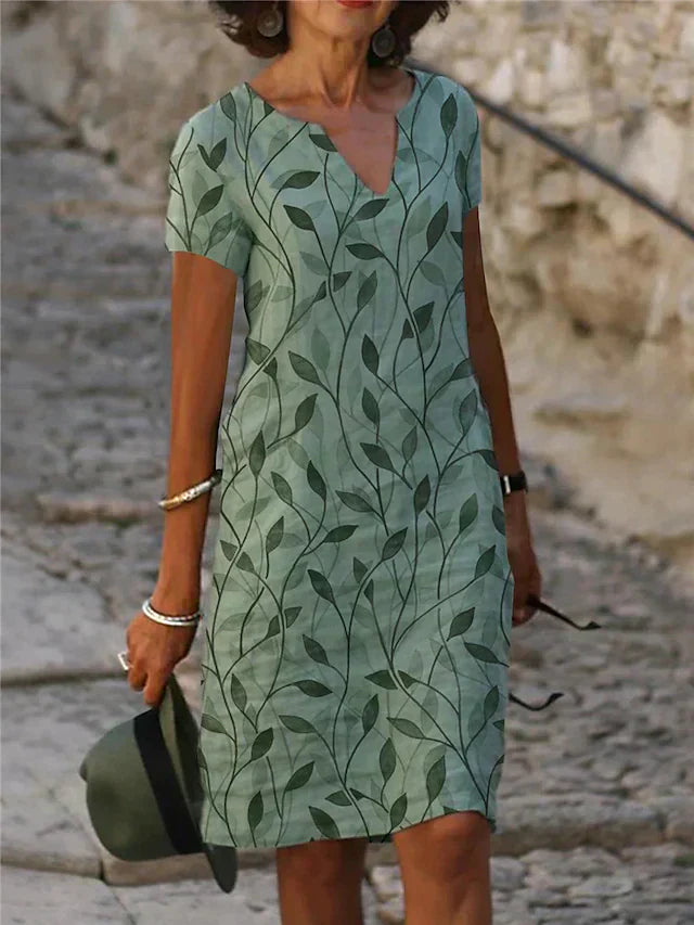 Damen Sommerkleid V-Ausschnitt Blattmuster Kurzärmelig Leicht - Eveloria