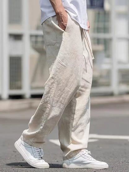 Leinenhose Damen Locker Geschnitten Beige Kordelzug