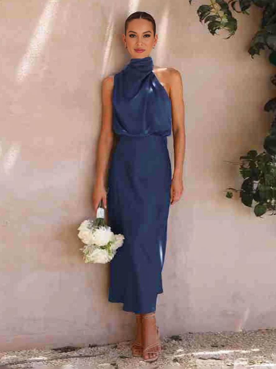 Eveloria Damen Hochzeitsjungfernkleid Satin Ärmellos Elegant
