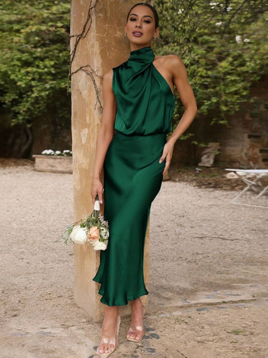 Eveloria Damen Hochzeitsjungfernkleid Satin Ärmellos Elegant