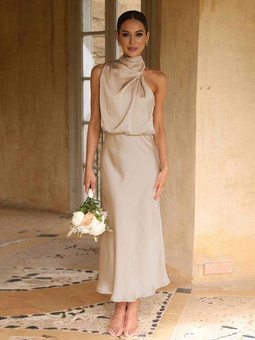 Eveloria Damen Hochzeitsjungfernkleid Satin Ärmellos Elegant