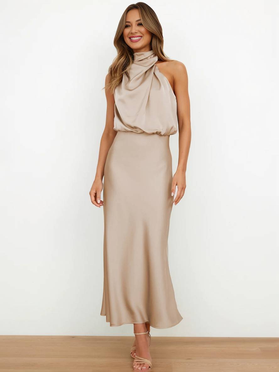 Eveloria Damen Hochzeitsjungfernkleid Satin Ärmellos Elegant Schwarz - Eveloria