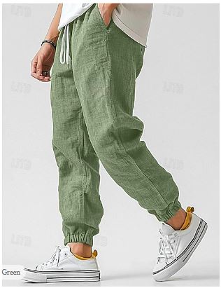 Herren Leinenhose Lockere Passform Beige Mit Kordelzug und Taschen