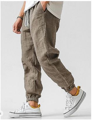 Herren Leinenhose Lockere Passform Beige Mit Kordelzug und Taschen