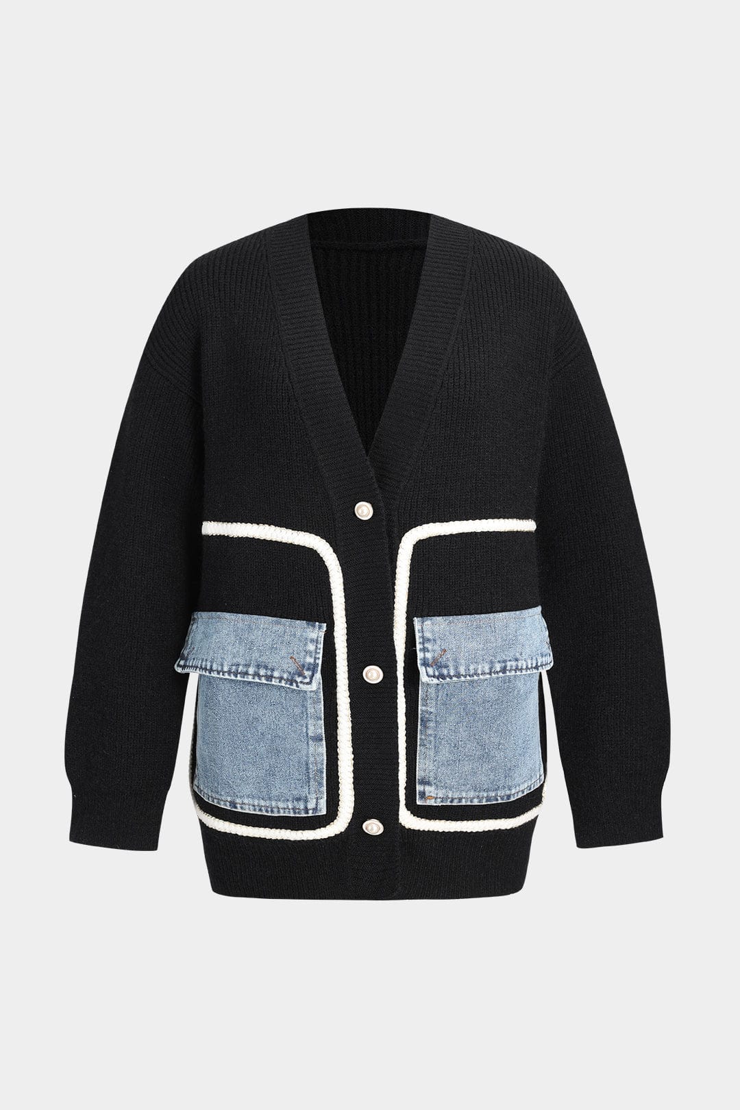 Damen Strickcardigan Schwarz mit Denim-Patches - Norvielle