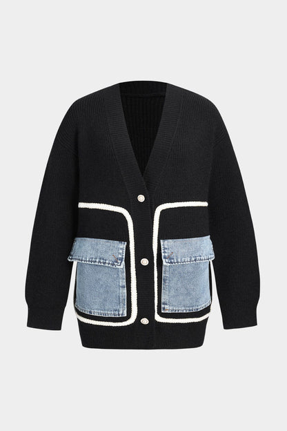 Damen Strickcardigan Schwarz mit Denim-Patches - Norvielle