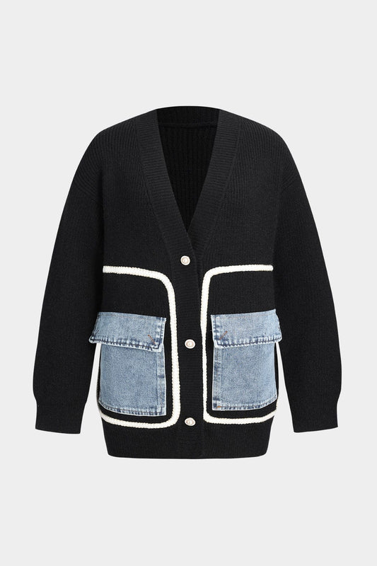 Damen Strickcardigan Schwarz mit Denim-Patches - Norvielle