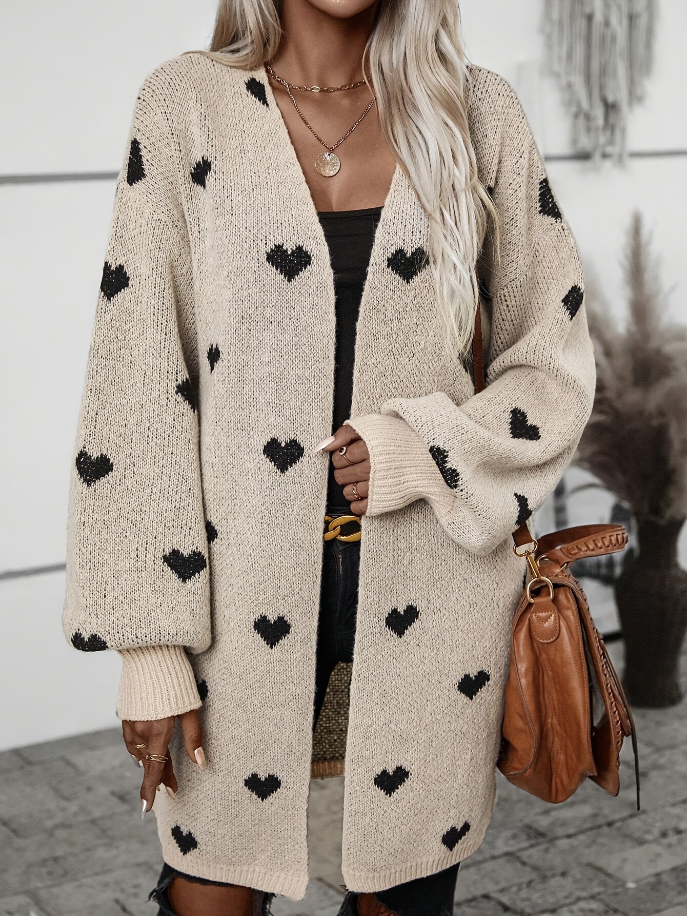 Damen Strickjacke Herzmuster Knopfverschluss