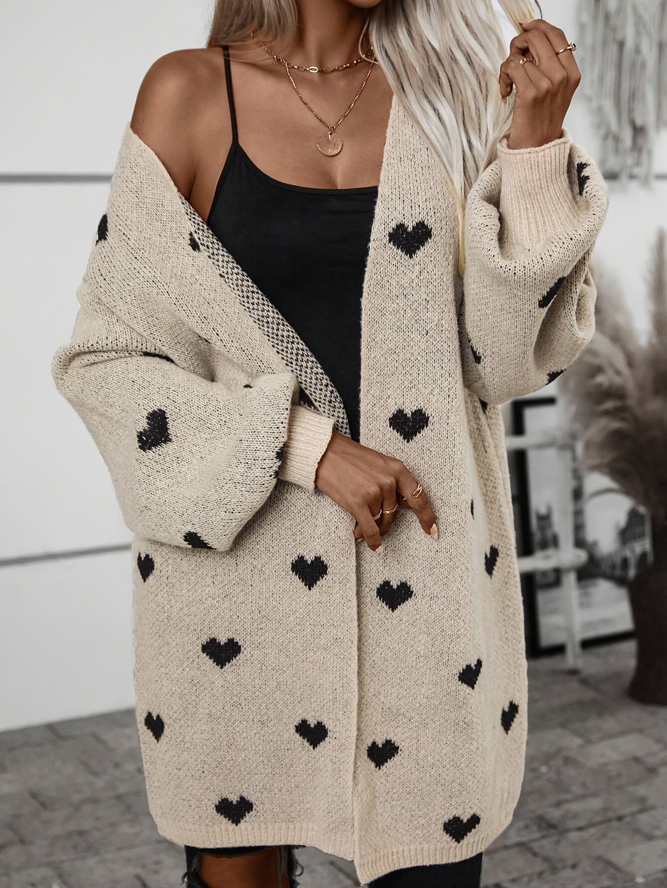 Damen Strickjacke Herzmuster Knopfverschluss