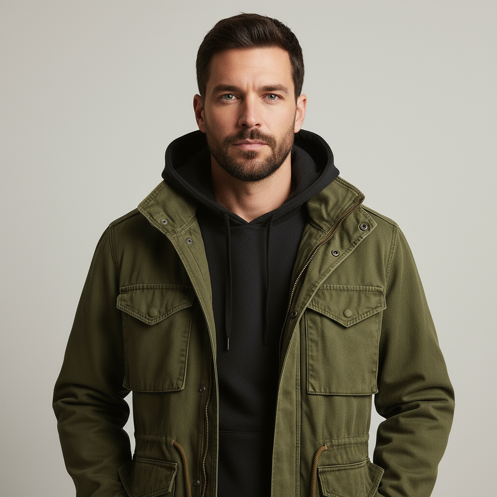 Herren Parka Jacket Kordelzug Army Style Olive - Eveloria