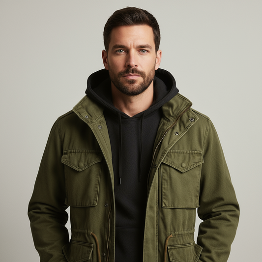Herren Parka Jacket Kordelzug Army Style Olive - Eveloria
