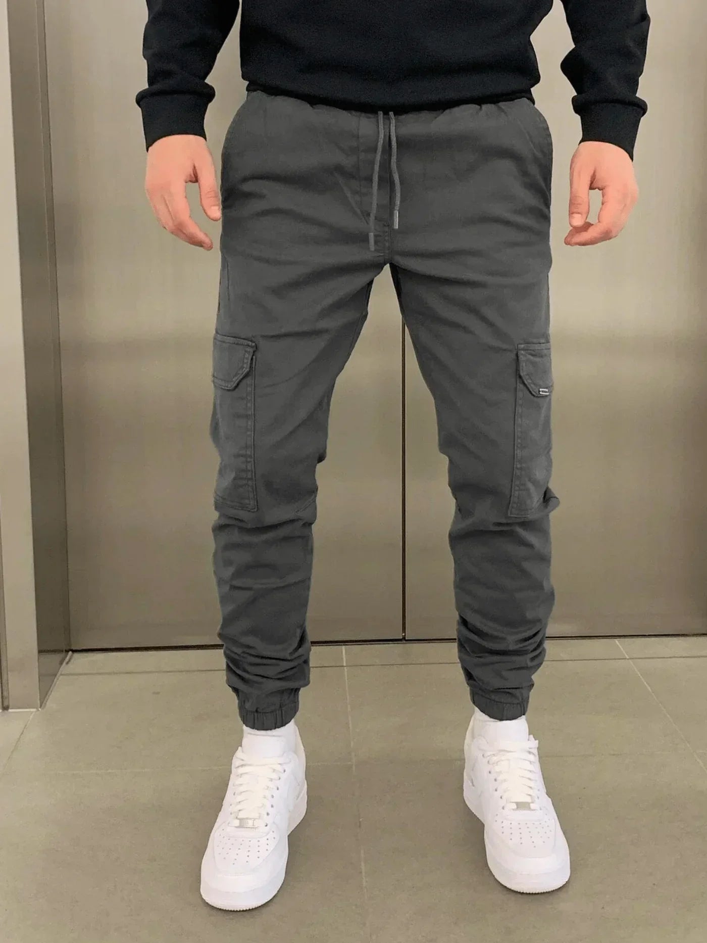 Cargo-Jogginghose – Skinny – Kordelzug – Cargohose – Herrenhose-Dunkelgrau-S-Chaps Herrenmode