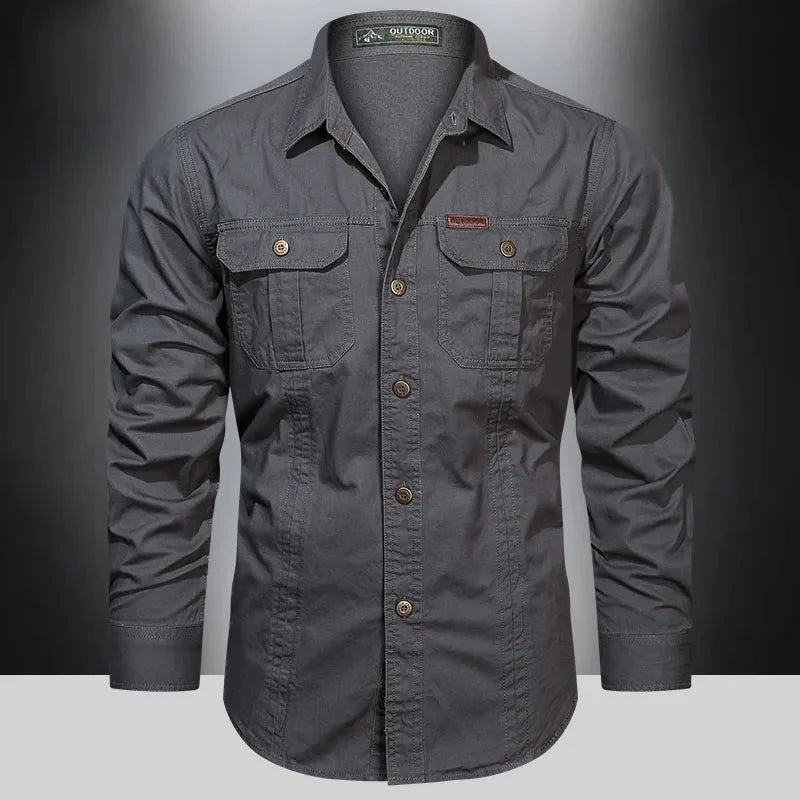 Cargo-Shirt – Langärmliges Herrenhemd mit Knöpfen und Taschen-Dunkelgrau-M-Chaps Herrenmode