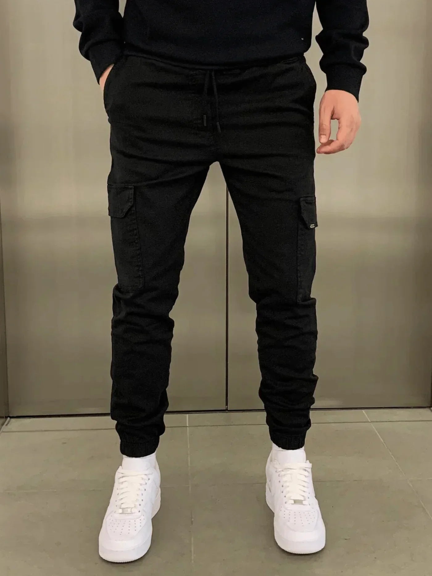 Cargohose - Herren Drawstring Skinny Cargohose-Schwarz-XS | 30-Chaps Herrenmode