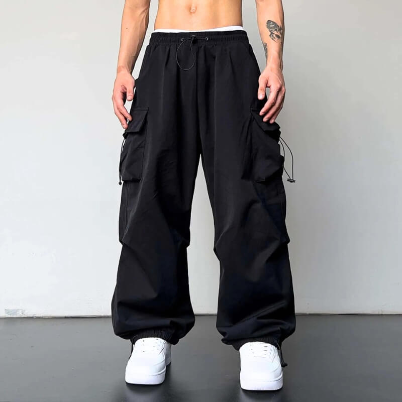 Cargohose - Loose Fit - Elastische Taille - Baggy Pants - Herren Cargo Jogger-Schwarz-S-Chaps Herrenmode