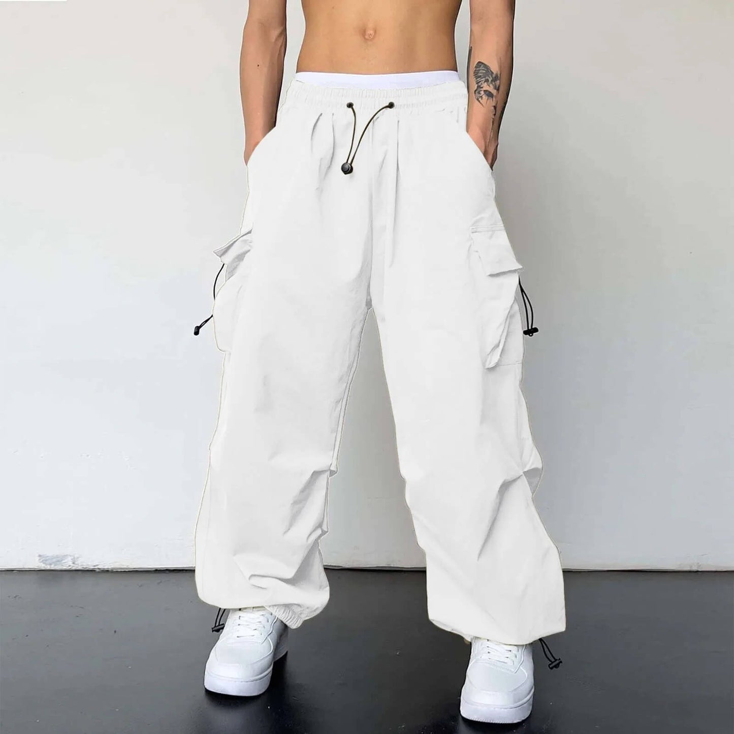 Cargohose - Loose Fit - Elastische Taille - Baggy Pants - Herren Cargo Jogger-Weiß-S-Chaps Herrenmode
