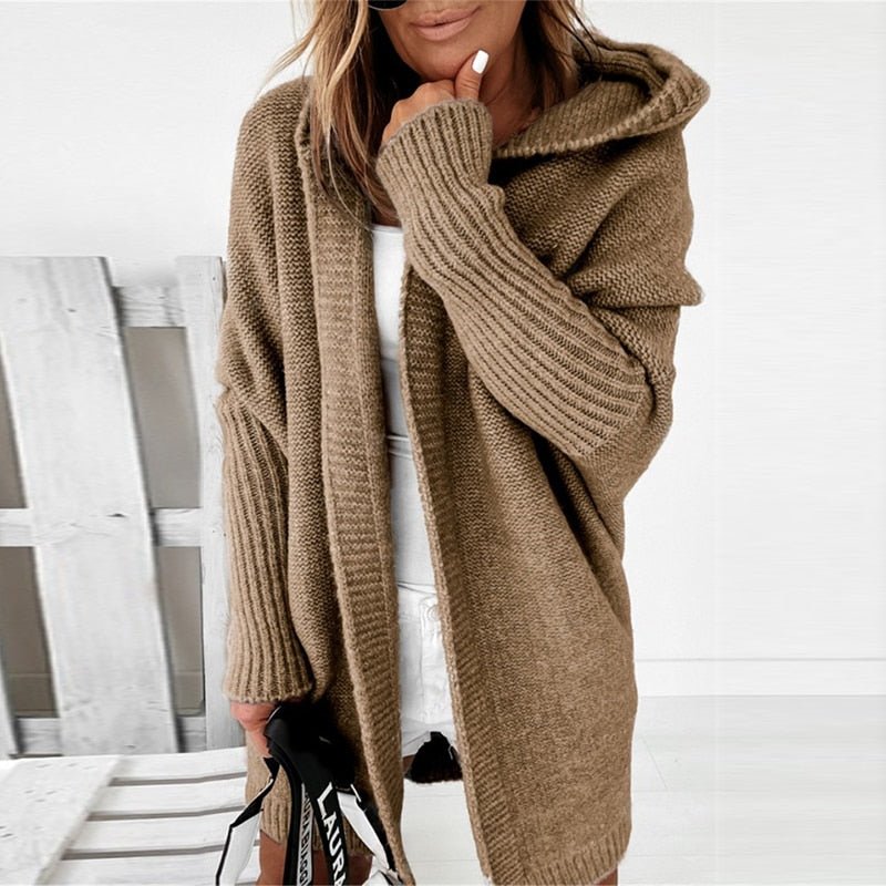 Damen Strickjacke Lang mit Kapuze