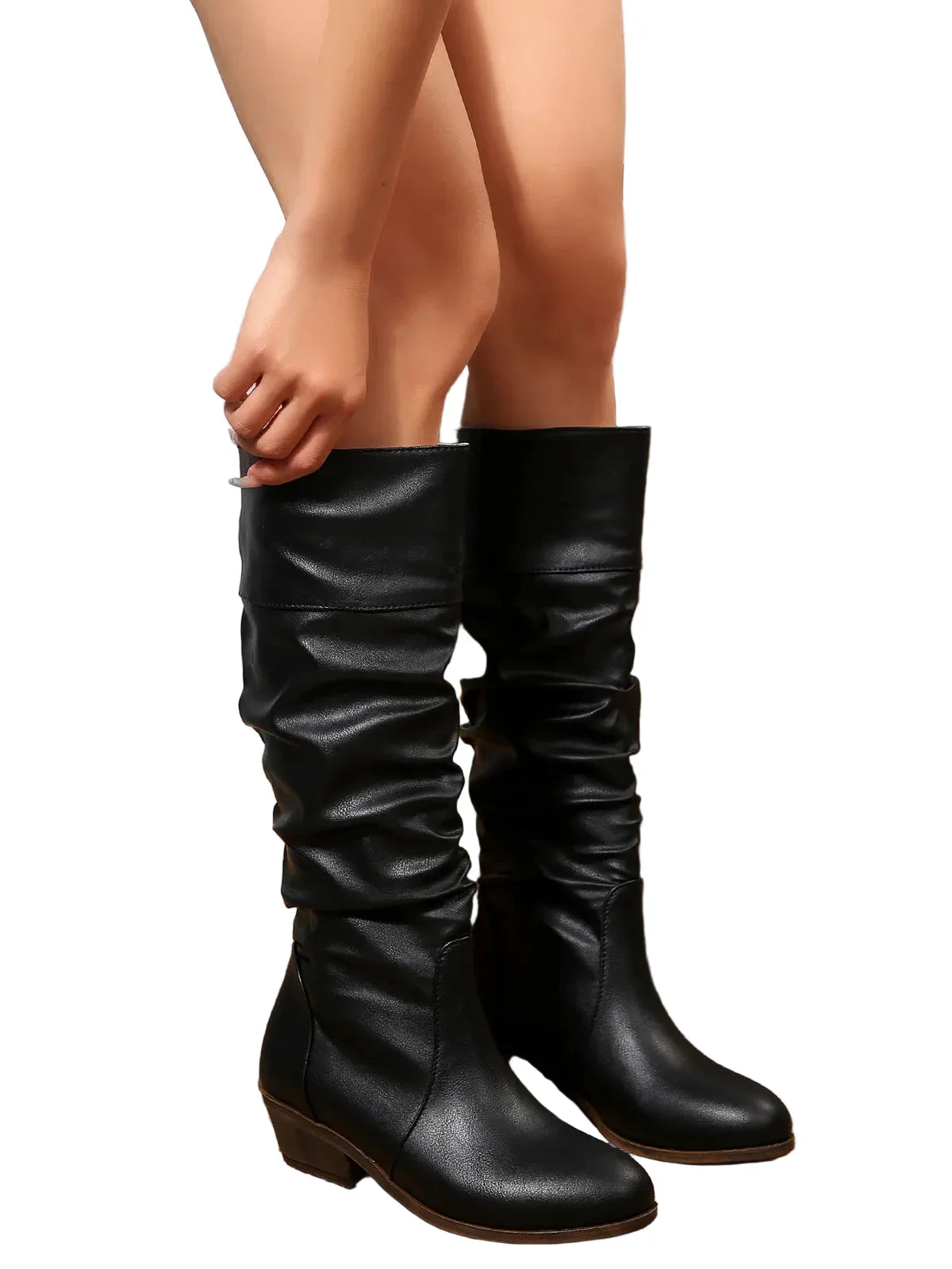 Damen Stiefel Kunstleder Faltenoptik Blockabsatz