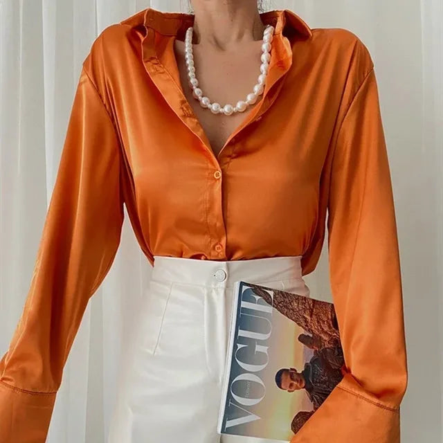 Damen Bluse Orange Seidenbluse - Eveloria
