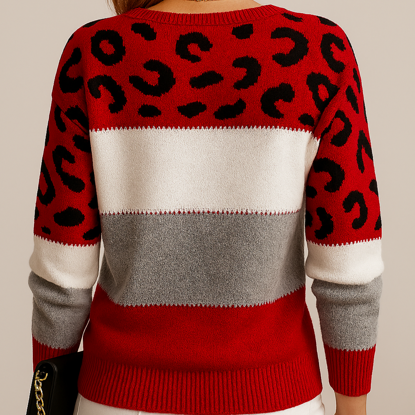 Damen Strickpullover Weich Leopardenmuster Farbblock