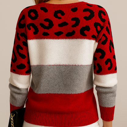 Damen Strickpullover Weich Leopardenmuster Farbblock