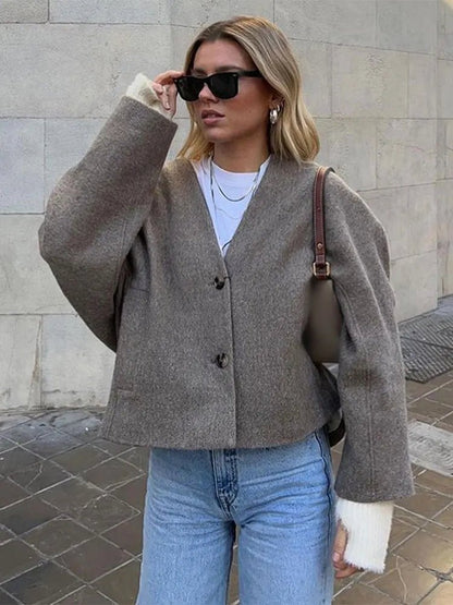 Damen Übergangsjacke Weicher Stoff Oversized Beige - Eveloria