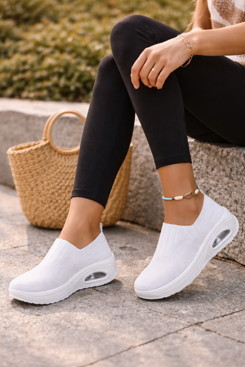 Damen Slip-On Schuhe Atmungsaktives Strick Leicht Beige
