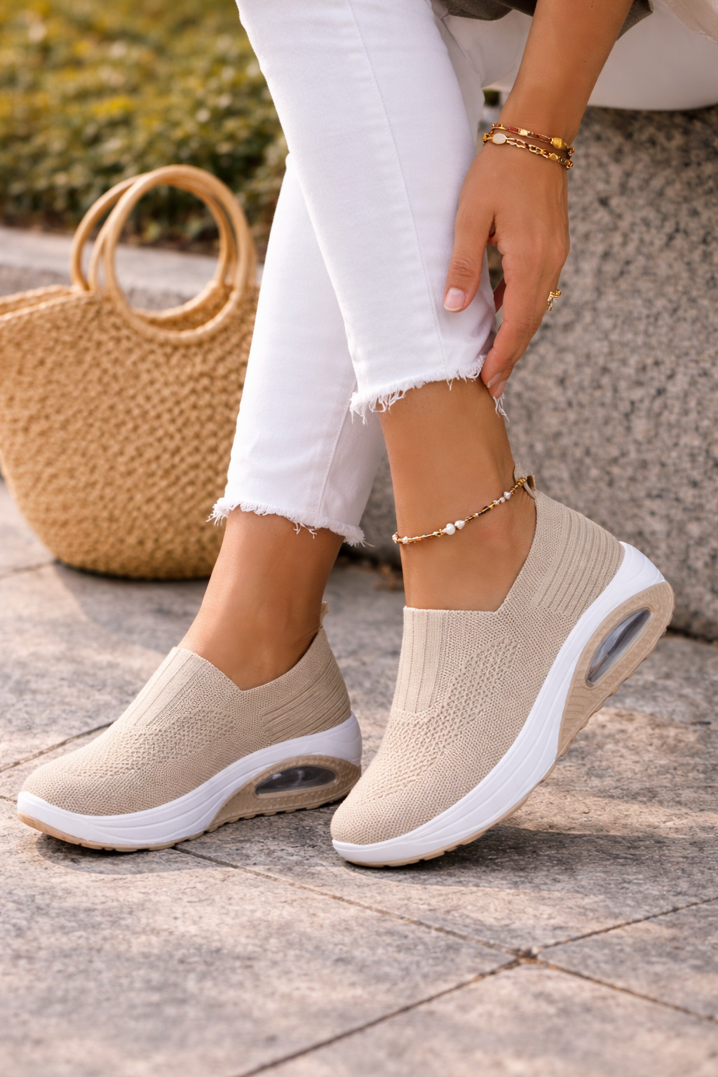 Damen Slip-On Schuhe Atmungsaktives Strick Leicht Beige - Eveloria