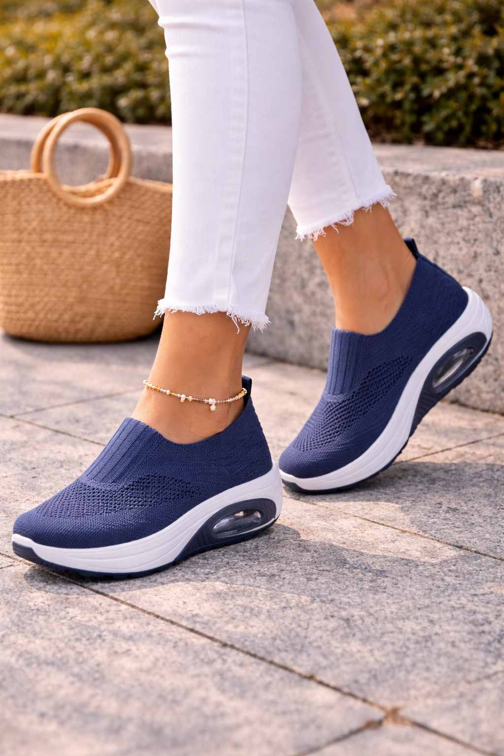 Damen Slip-On Schuhe Atmungsaktives Strick Leicht Beige