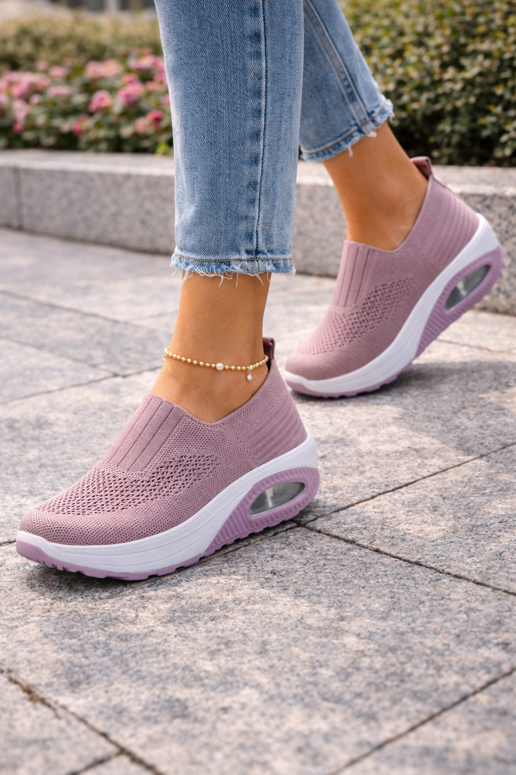 Damen Slip-On Schuhe Atmungsaktives Strick Leicht Beige