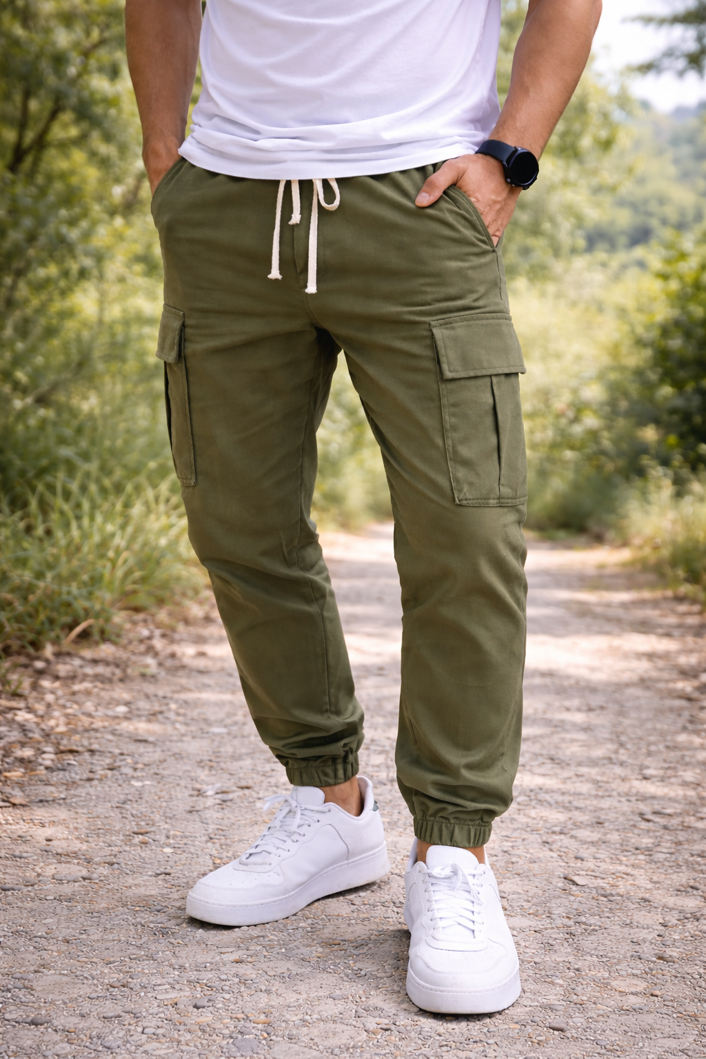 Herren Cargo Jogger Hose Kordelzug Tapered Schwarz - Eveloria