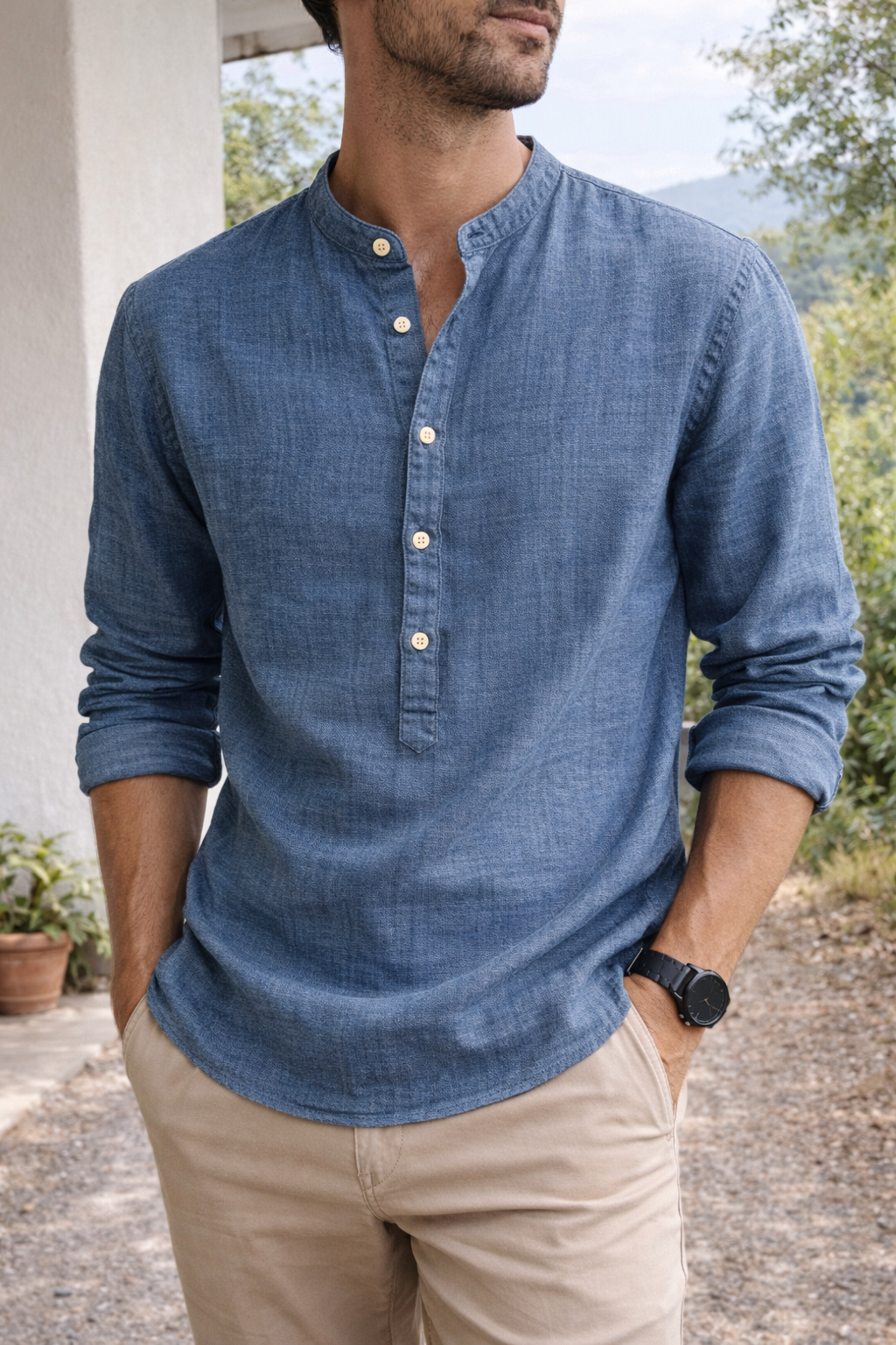 Herren Leinenhemd Stehkragen Beige Sommer