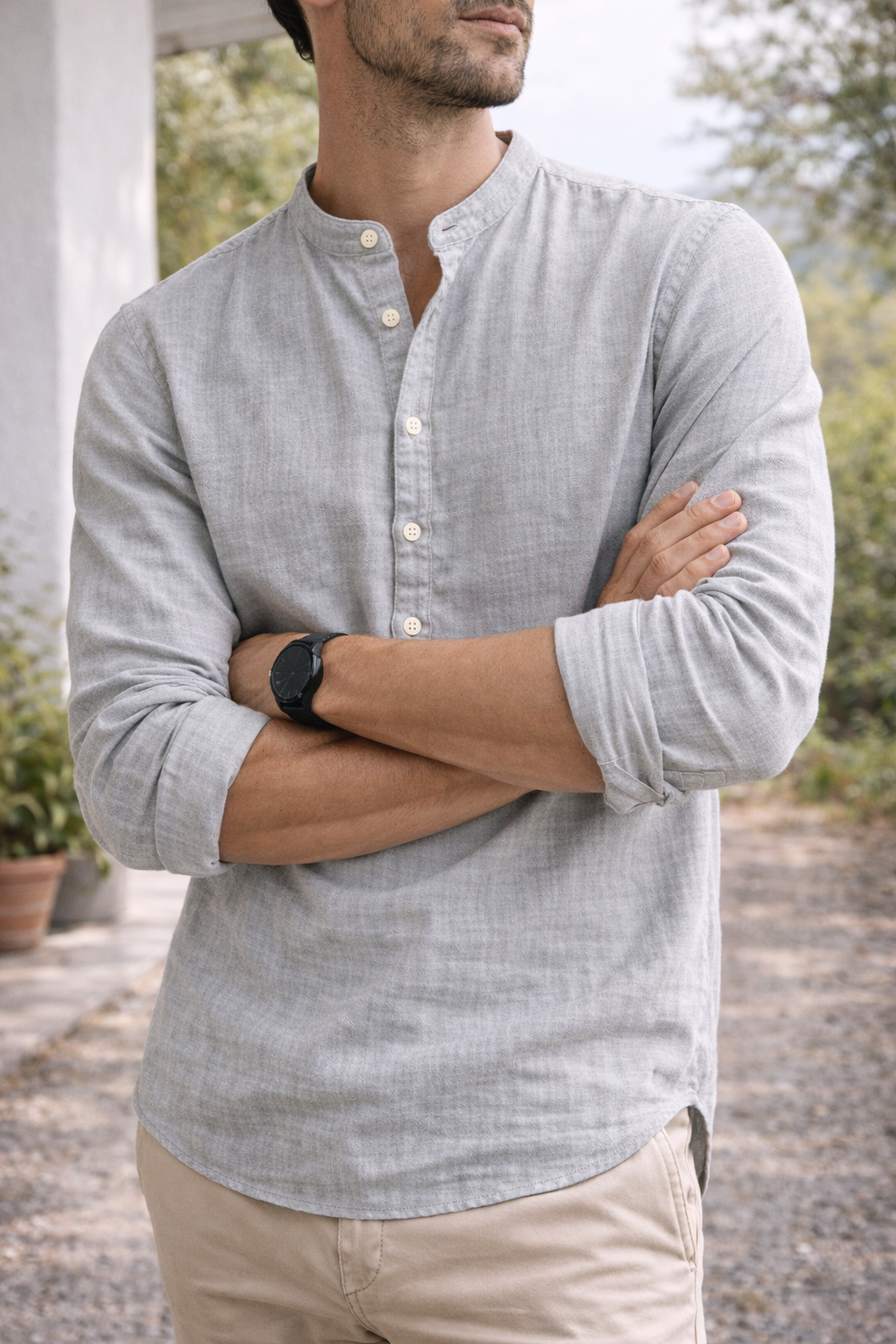 Herren Leinenhemd Stehkragen Beige Sommer