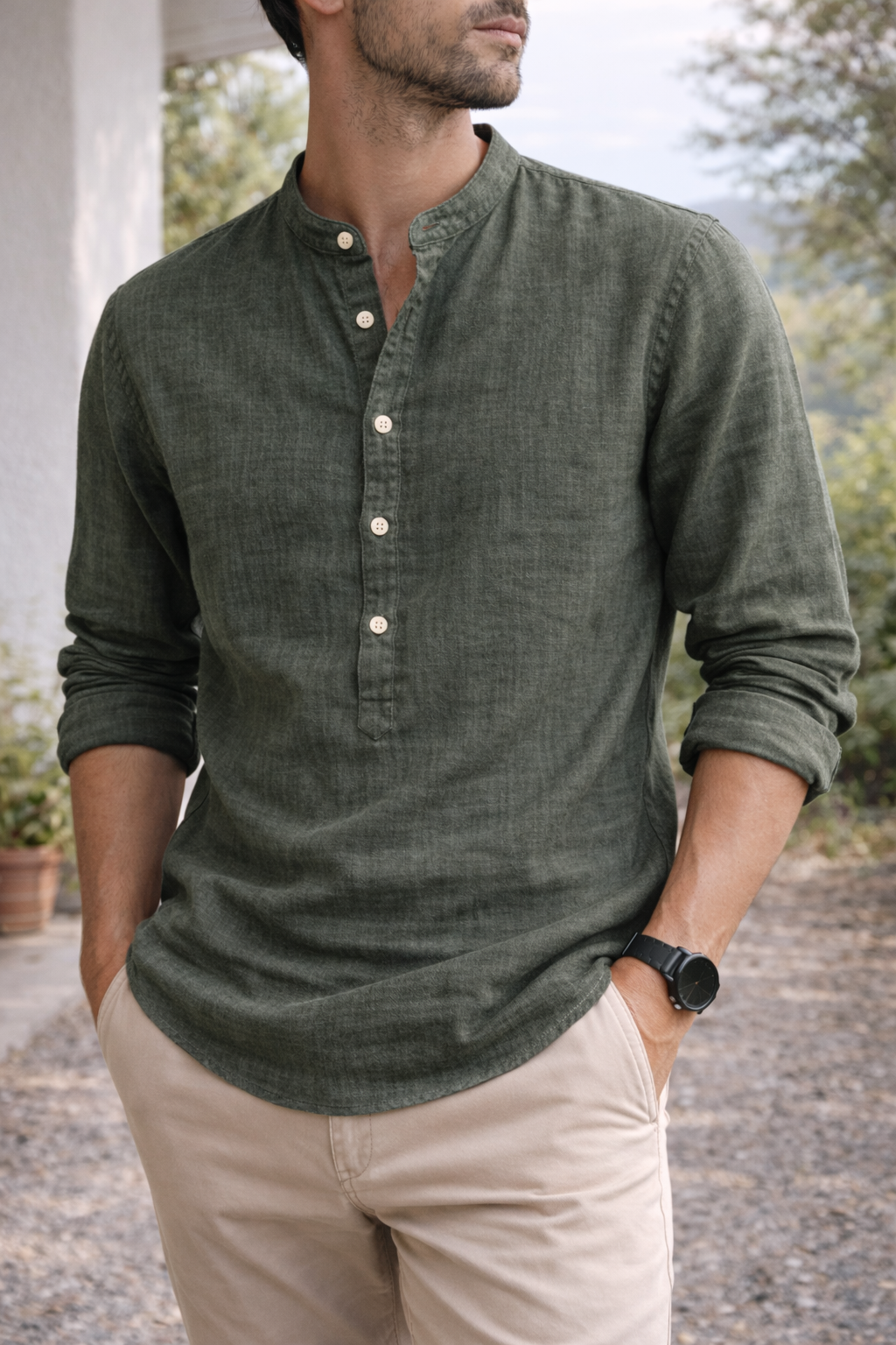 Herren Leinenhemd Stehkragen Beige Sommer - Eveloria